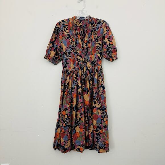 Albert Nipon Brown And Red Multicolor Floral Half Sleeve Pleated Dress Women’s L - Picture 1 of 7